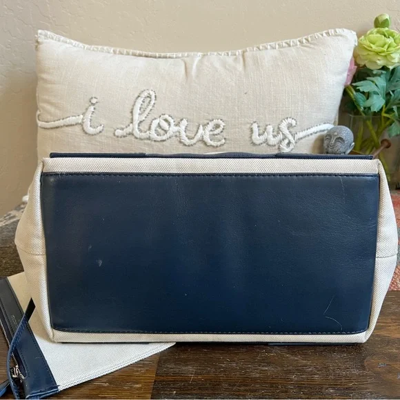 Balenciaga $1,200 Cabas Canvas Navy Leather Trim Tote Bag